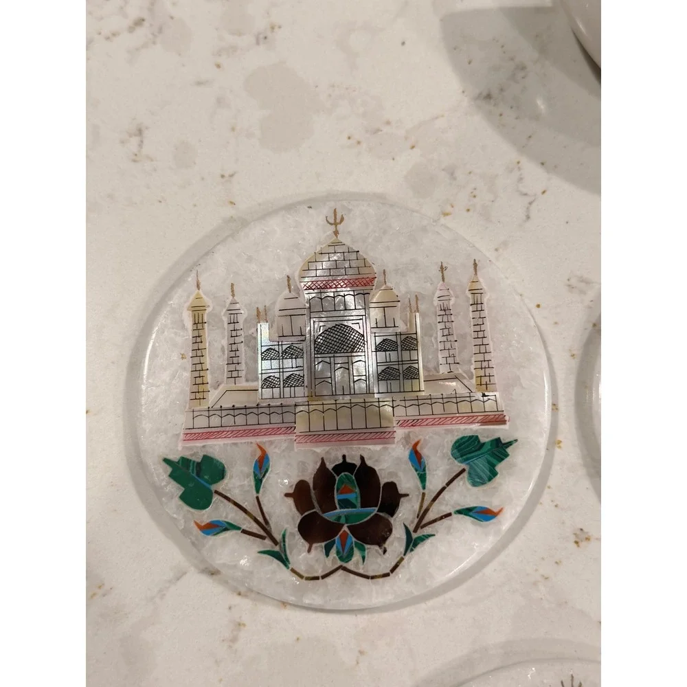 Rare Handmade White Marble Taj Mahal Indian Mother Of Pearl‎ Coaster Set of 6